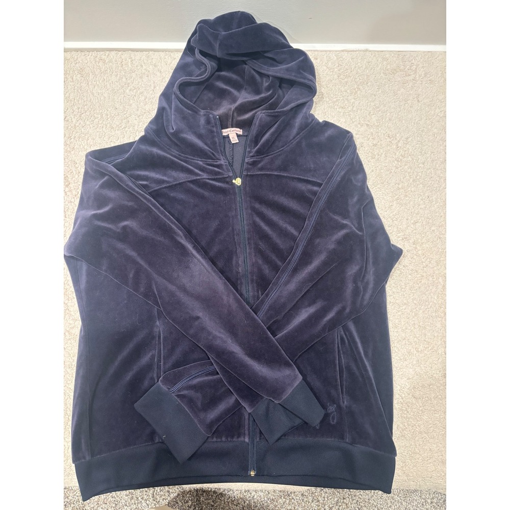 Juicy Couture Navy Blue Velour Zip Up Hoodie Sweatshirt XL Y2K Loungewear